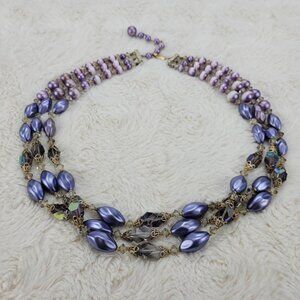 1950's Vintage Purple Aurora Borealis Triple Strand Beaded Necklace
